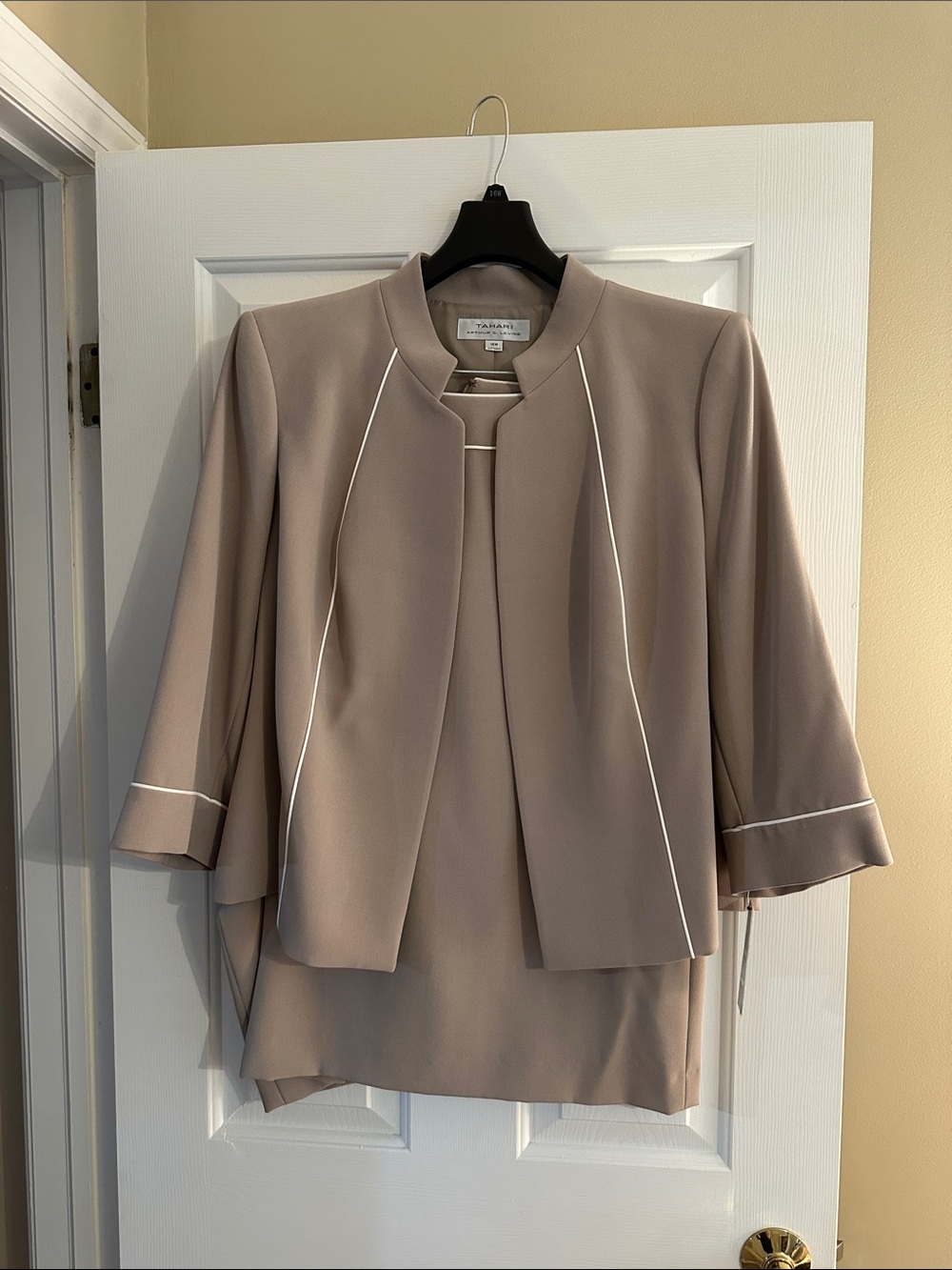 Tahari ASL Taupe Jacket Suit Set with White Piping